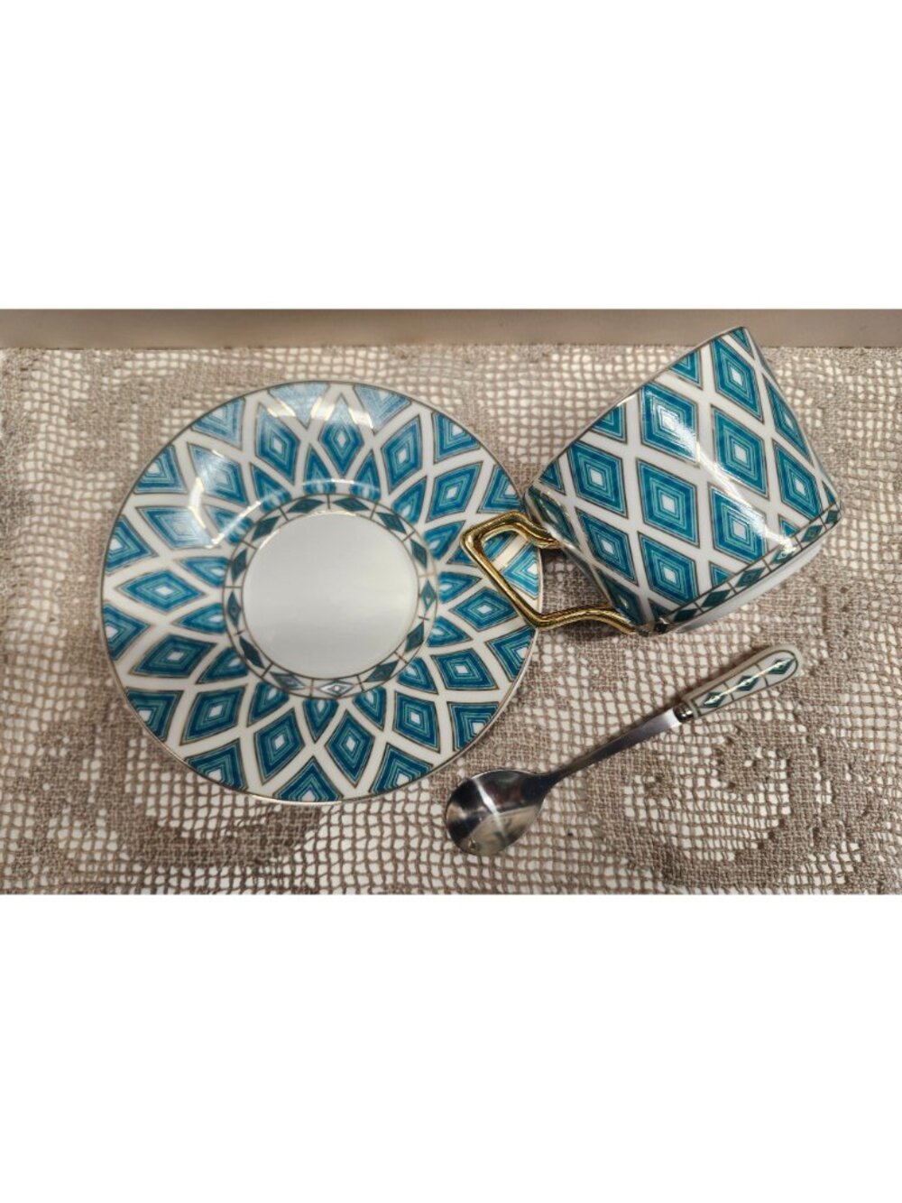 Porcelain Tea Cup Saucer & Spoon Set Teal Blue Geometric Pattern Gold Handle 3 p - Picture 4 of 7